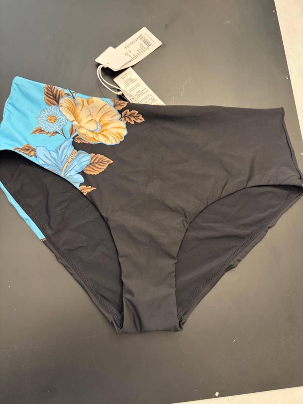 Seafolly Black Bikini Bottom with Blue and Gold Floral Accent
